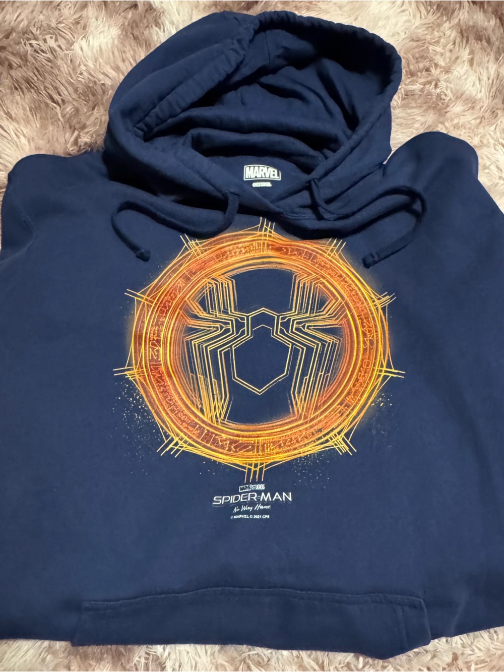 Marvel Navy Hoodie with Orange and Yellow Spider Emblem